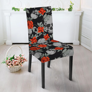 Red Rose Grey Skull Pattern Print Dining Chair Slipcover