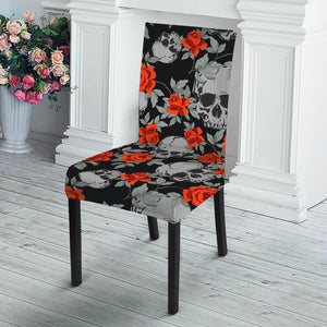 Red Rose Grey Skull Pattern Print Dining Chair Slipcover