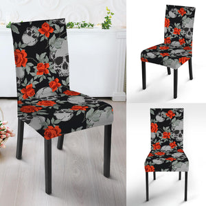 Red Rose Grey Skull Pattern Print Dining Chair Slipcover