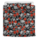Red Rose Grey Skull Pattern Print Duvet Cover Bedding Set