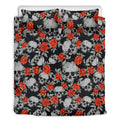 Red Rose Grey Skull Pattern Print Duvet Cover Bedding Set