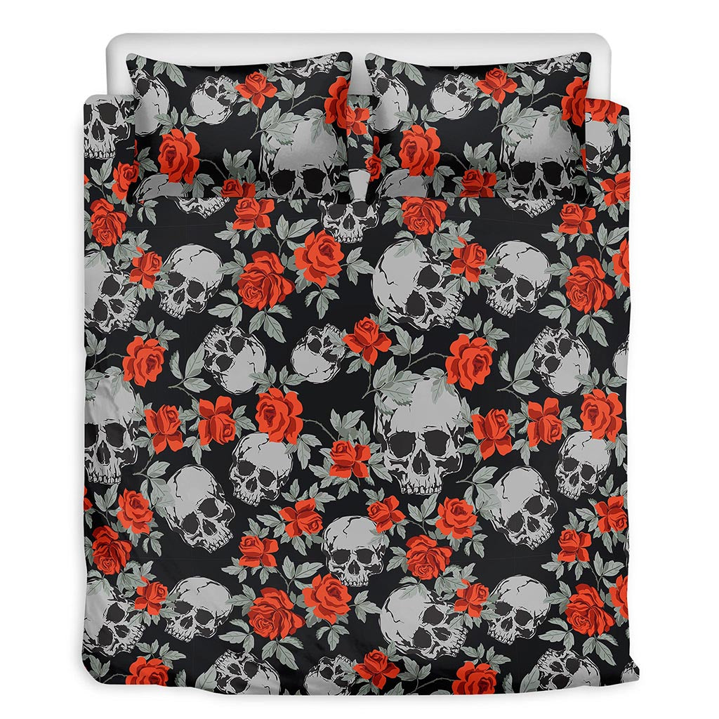 Red Rose Grey Skull Pattern Print Duvet Cover Bedding Set