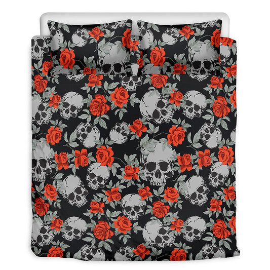 Red Rose Grey Skull Pattern Print Duvet Cover Bedding Set