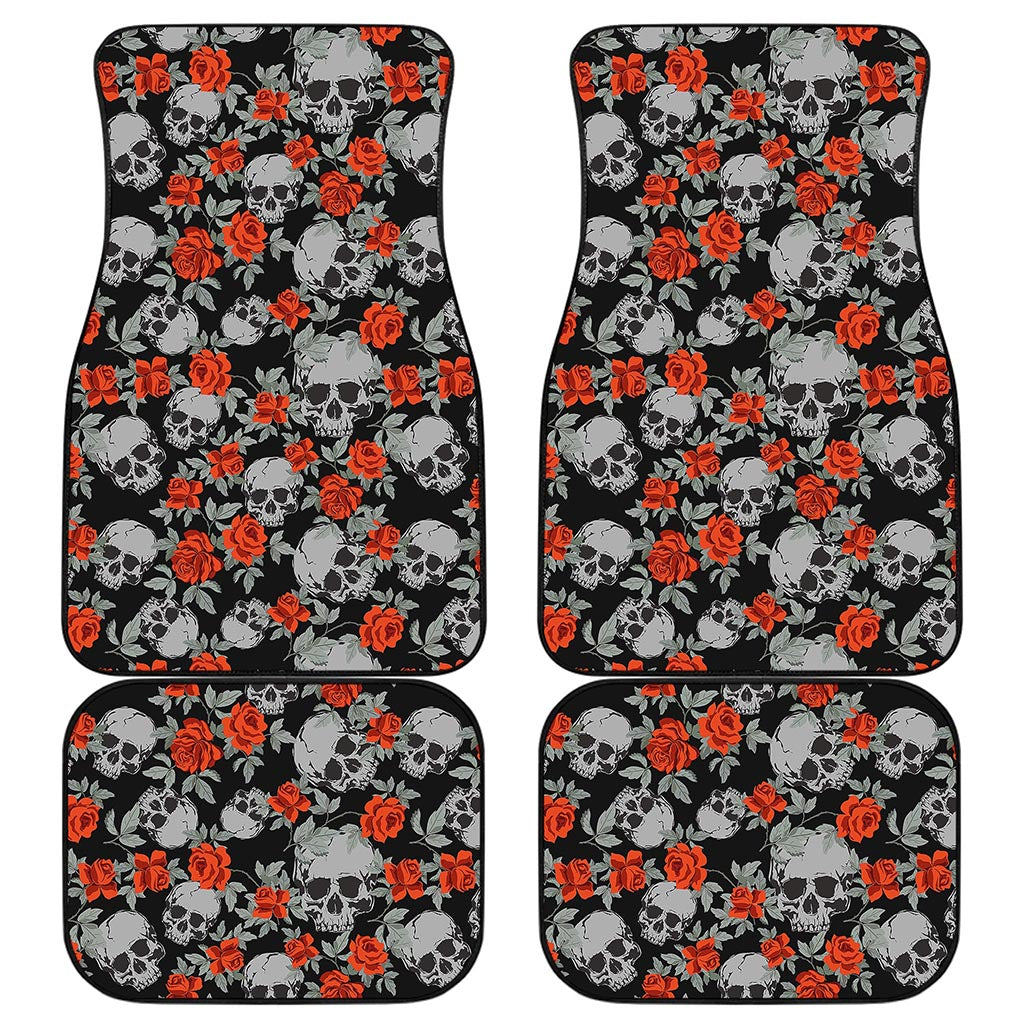 Red Rose Grey Skull Pattern Print Front and Back Car Floor Mats