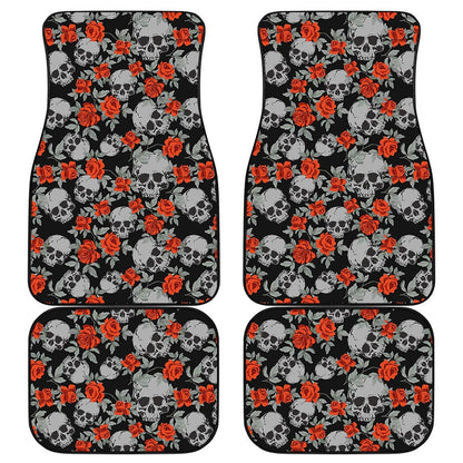 Red Rose Grey Skull Pattern Print Front and Back Car Floor Mats