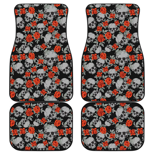 Red Rose Grey Skull Pattern Print Front and Back Car Floor Mats