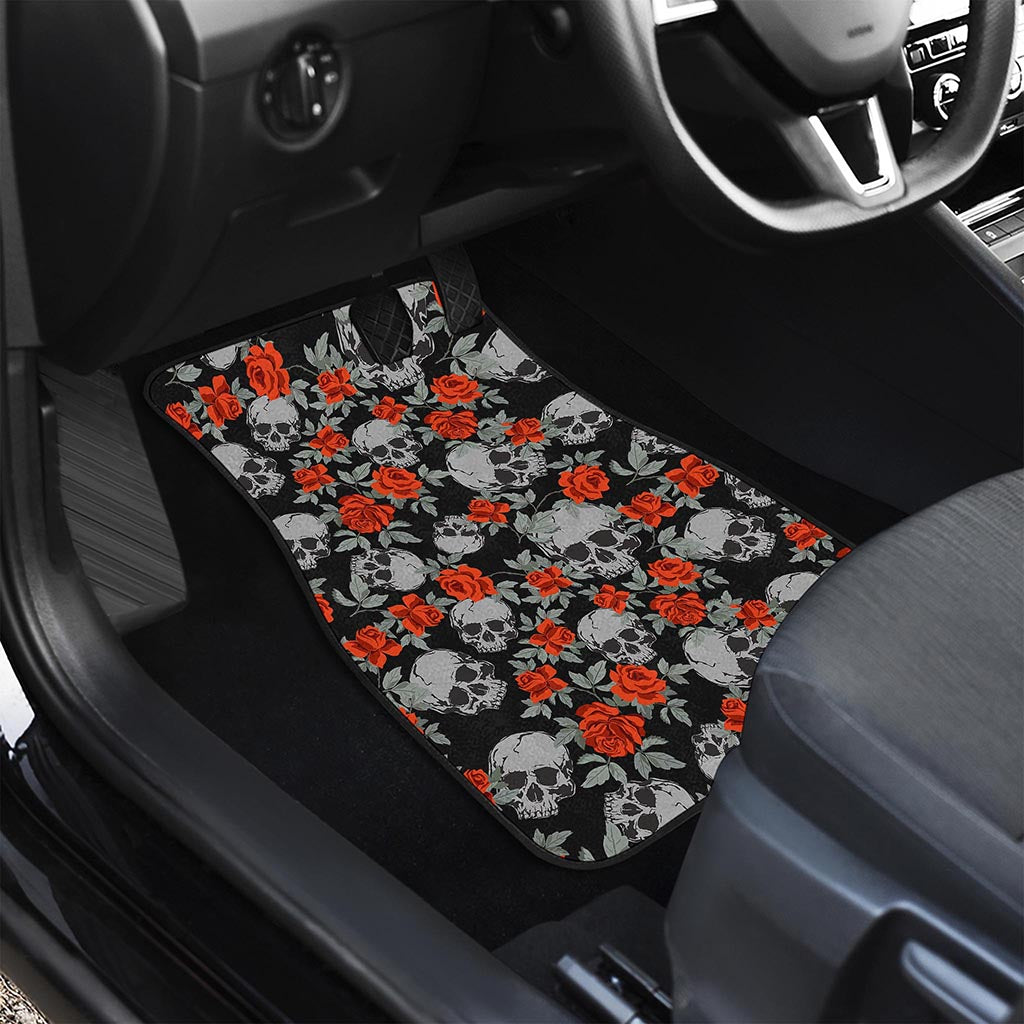 Red Rose Grey Skull Pattern Print Front and Back Car Floor Mats
