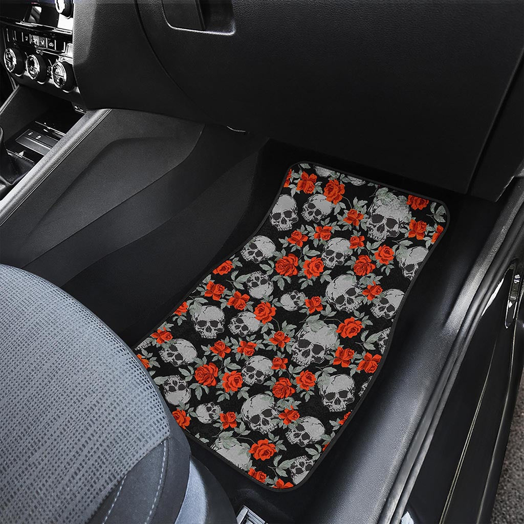 Red Rose Grey Skull Pattern Print Front Car Floor Mats