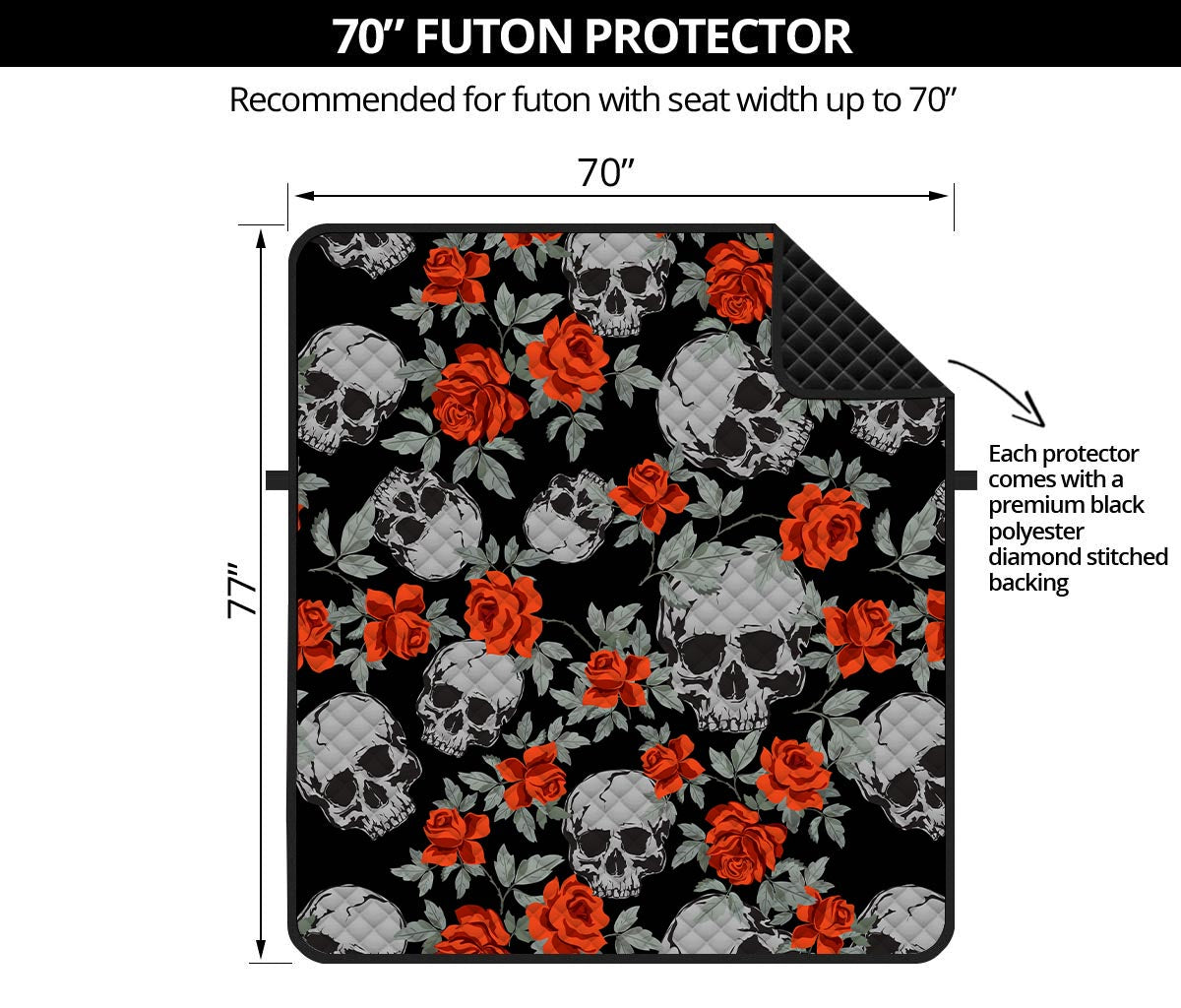 Red Rose Grey Skull Pattern Print Futon Protector