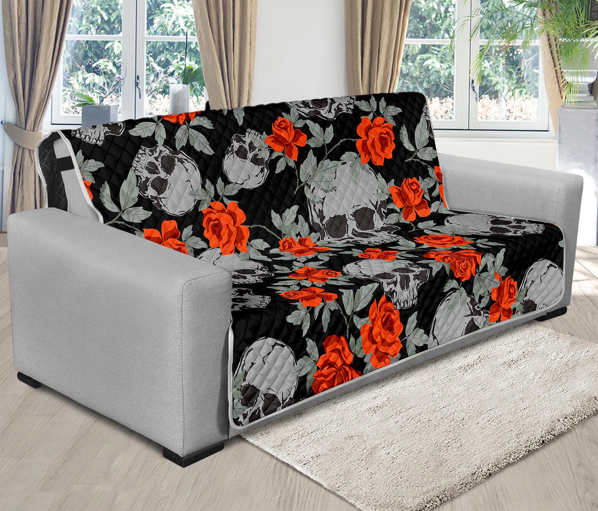 Red Rose Grey Skull Pattern Print Futon Protector