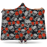 Red Rose Grey Skull Pattern Print Hooded Blanket
