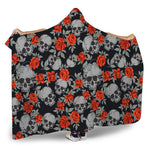 Red Rose Grey Skull Pattern Print Hooded Blanket