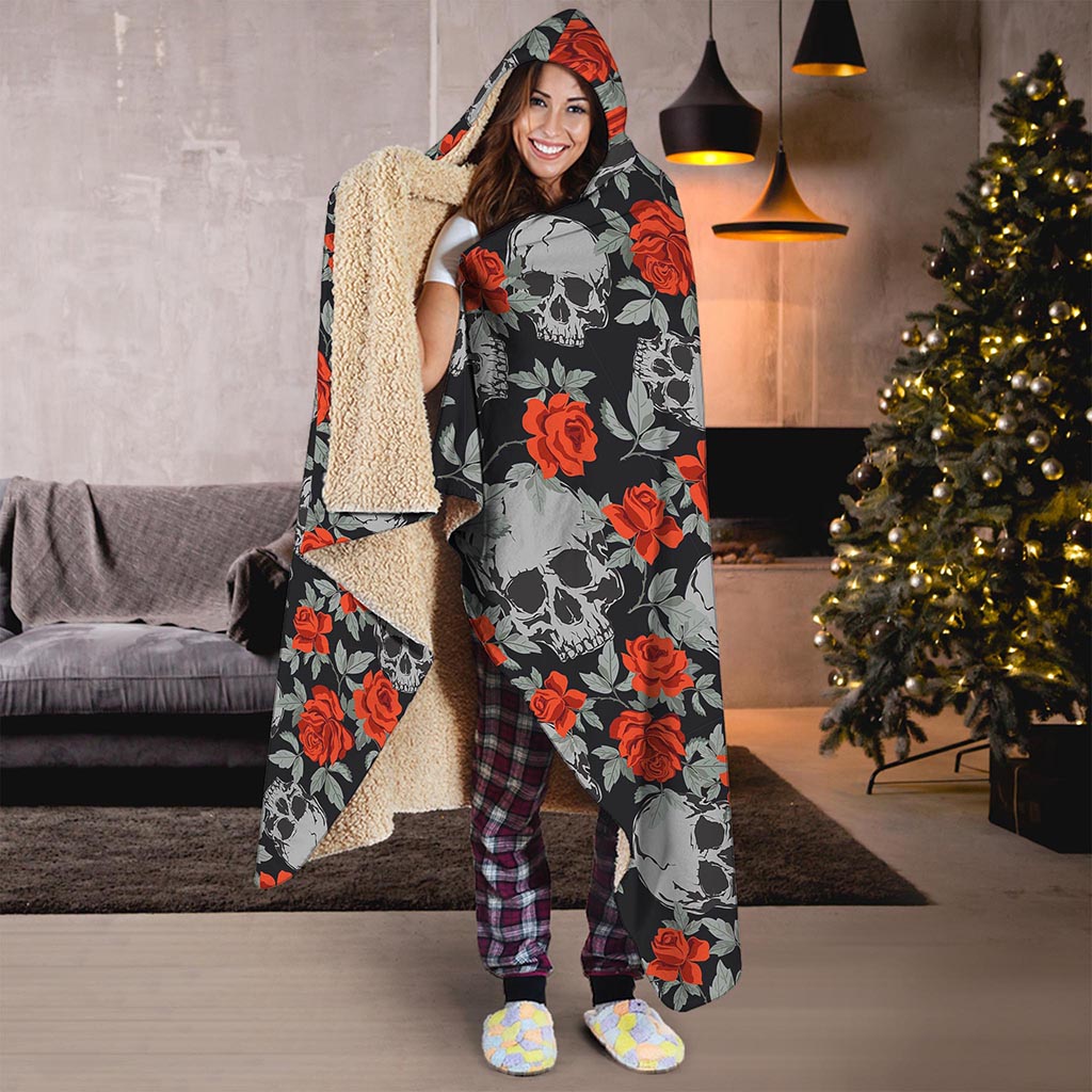 Red Rose Grey Skull Pattern Print Hooded Blanket