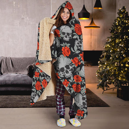 Red Rose Grey Skull Pattern Print Hooded Blanket