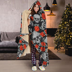 Red Rose Grey Skull Pattern Print Hooded Blanket