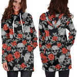Red Rose Grey Skull Pattern Print Hoodie Dress GearFrost