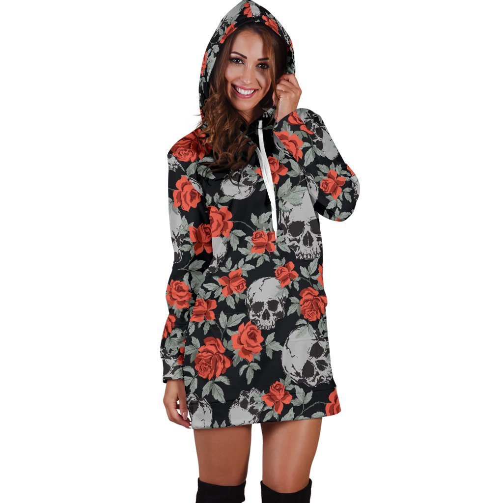Red Rose Grey Skull Pattern Print Hoodie Dress GearFrost