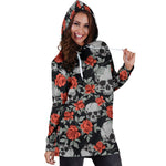 Red Rose Grey Skull Pattern Print Hoodie Dress GearFrost