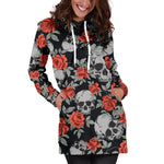 Red Rose Grey Skull Pattern Print Hoodie Dress GearFrost