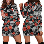 Red Rose Grey Skull Pattern Print Hoodie Dress GearFrost