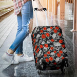 Red Rose Grey Skull Pattern Print Luggage Cover GearFrost