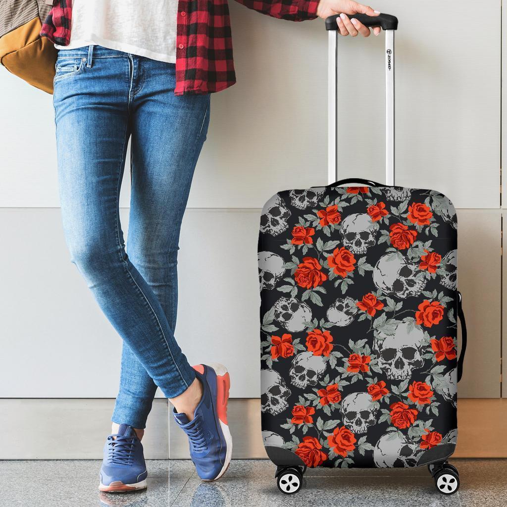 Red Rose Grey Skull Pattern Print Luggage Cover GearFrost