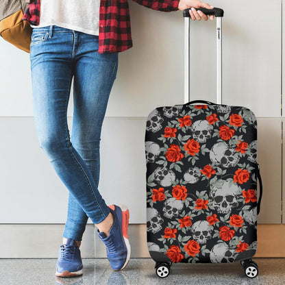 Red Rose Grey Skull Pattern Print Luggage Cover GearFrost