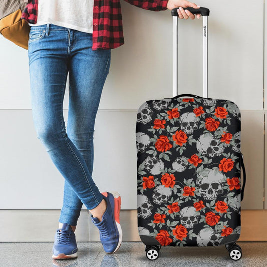 Red Rose Grey Skull Pattern Print Luggage Cover GearFrost