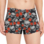 Red Rose Grey Skull Pattern Print Men's Boxer Briefs