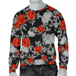 Red Rose Grey Skull Pattern Print Men's Crewneck Sweatshirt GearFrost