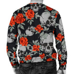 Red Rose Grey Skull Pattern Print Men's Crewneck Sweatshirt GearFrost