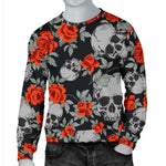 Red Rose Grey Skull Pattern Print Men's Crewneck Sweatshirt GearFrost