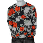 Red Rose Grey Skull Pattern Print Men's Crewneck Sweatshirt GearFrost