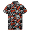 Red Rose Grey Skull Pattern Print Men's Short Sleeve Shirt