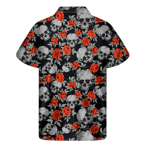 Red Rose Grey Skull Pattern Print Men's Short Sleeve Shirt