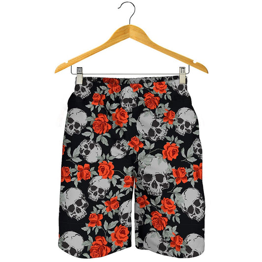 Red Rose Grey Skull Pattern Print Men's Shorts