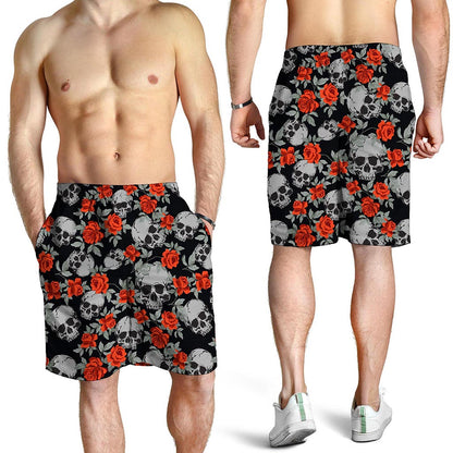 Red Rose Grey Skull Pattern Print Men's Shorts