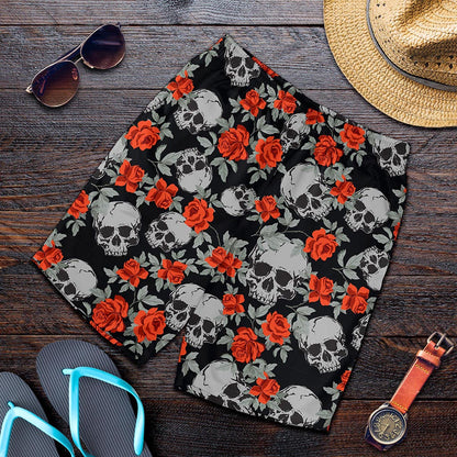 Red Rose Grey Skull Pattern Print Men's Shorts