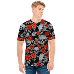 Red Rose Grey Skull Pattern Print Men's T-Shirt