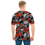 Red Rose Grey Skull Pattern Print Men's T-Shirt