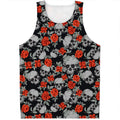 Red Rose Grey Skull Pattern Print Men's Tank Top