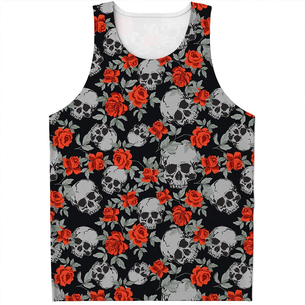Red Rose Grey Skull Pattern Print Men's Tank Top