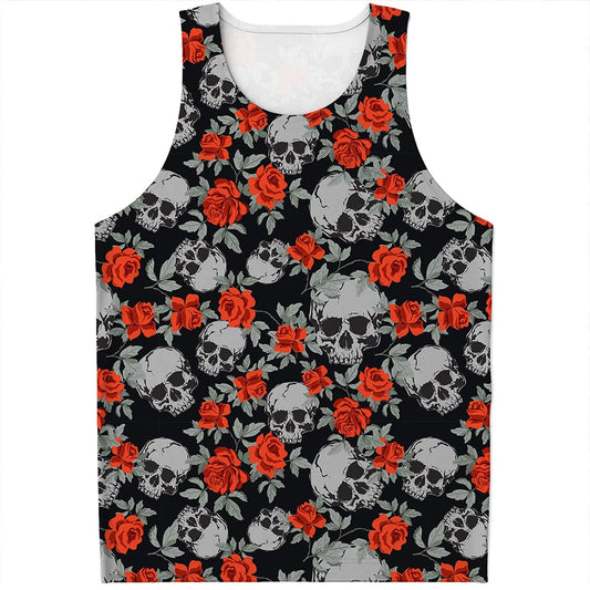 Red Rose Grey Skull Pattern Print Men's Tank Top