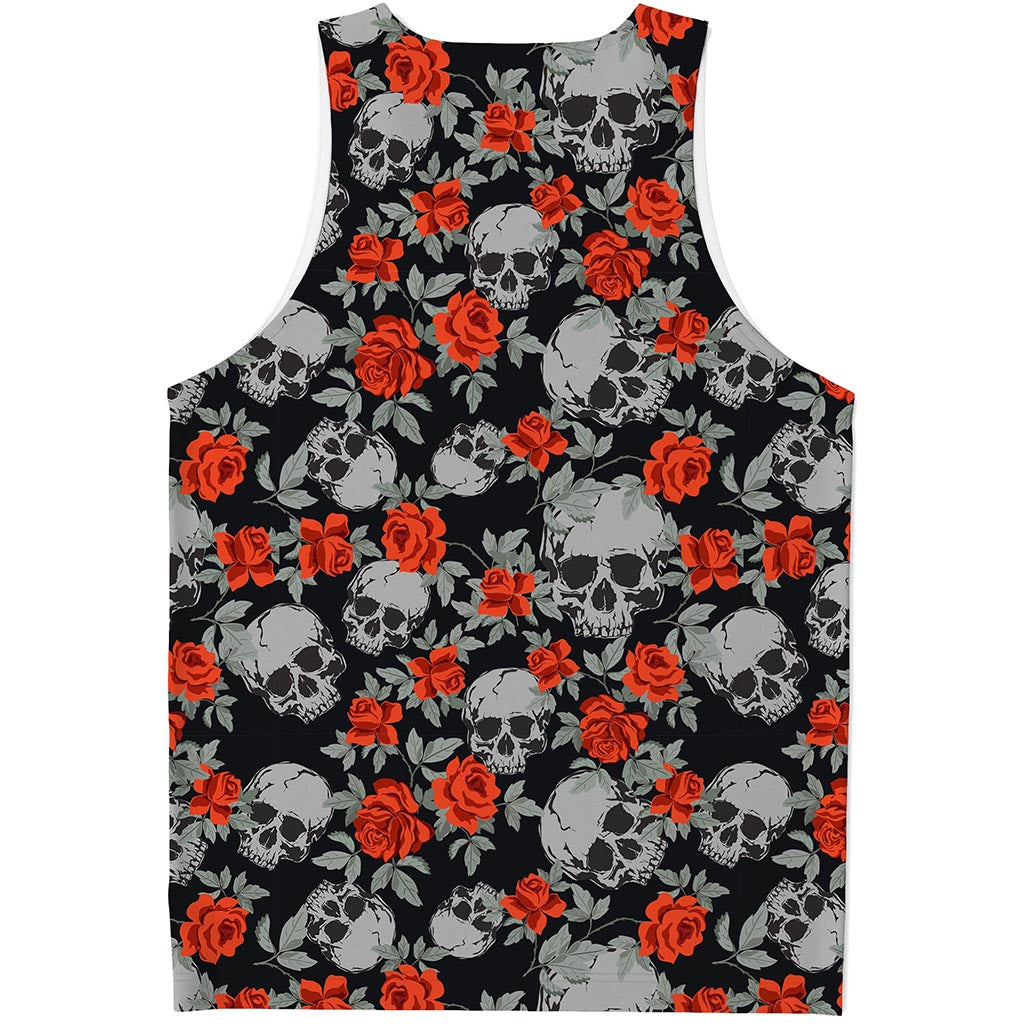 Red Rose Grey Skull Pattern Print Men's Tank Top