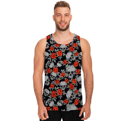 Red Rose Grey Skull Pattern Print Men's Tank Top