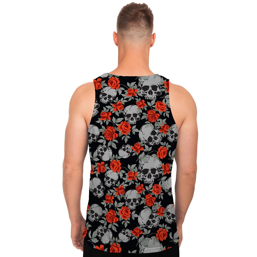 Red Rose Grey Skull Pattern Print Men's Tank Top