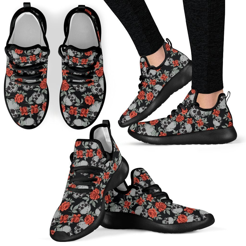 Red Rose Grey Skull Pattern Print Mesh Knit Shoes GearFrost