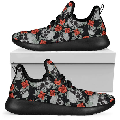 Red Rose Grey Skull Pattern Print Mesh Knit Shoes GearFrost