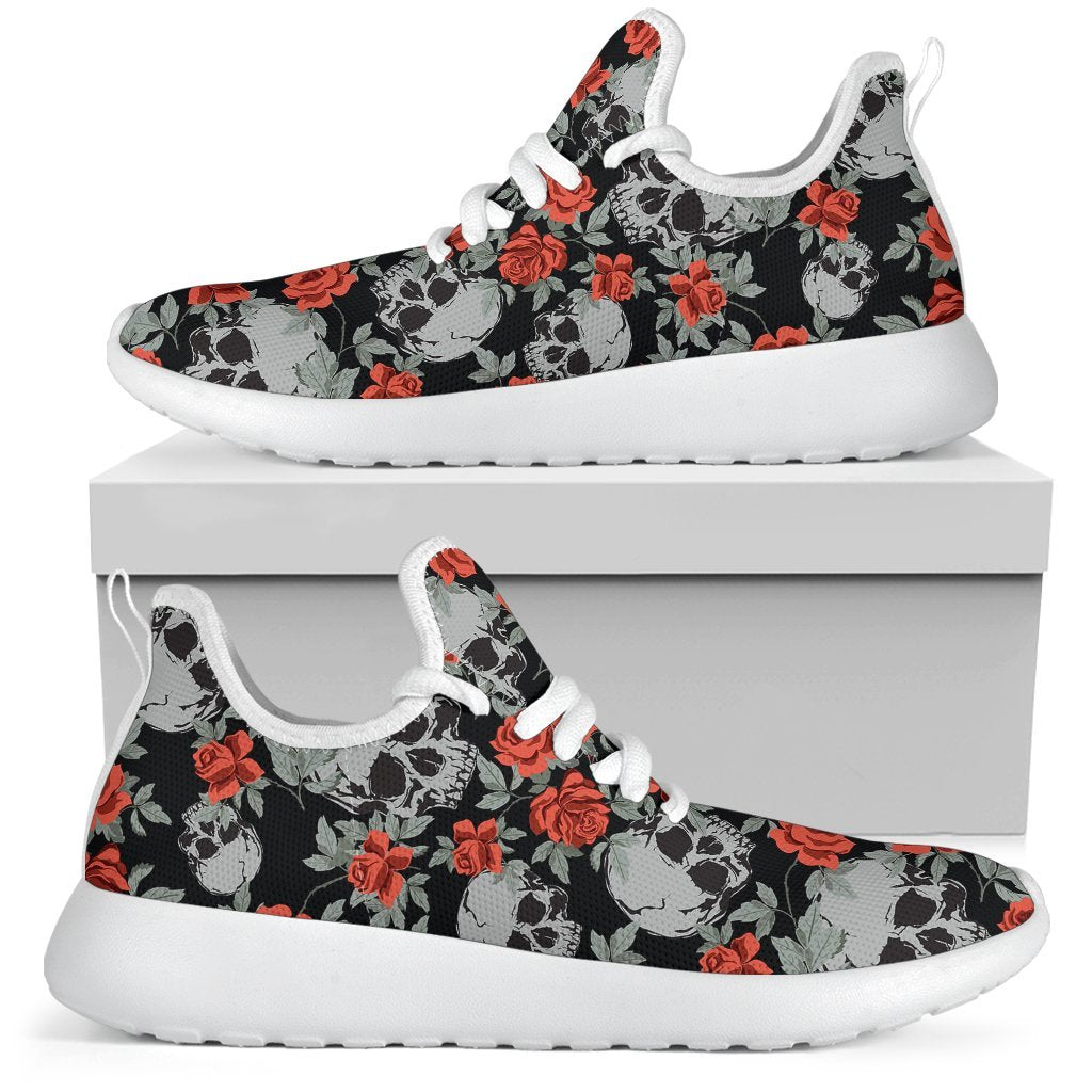 Red Rose Grey Skull Pattern Print Mesh Knit Shoes GearFrost