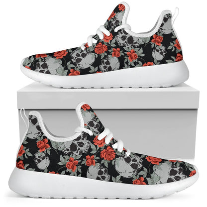 Red Rose Grey Skull Pattern Print Mesh Knit Shoes GearFrost
